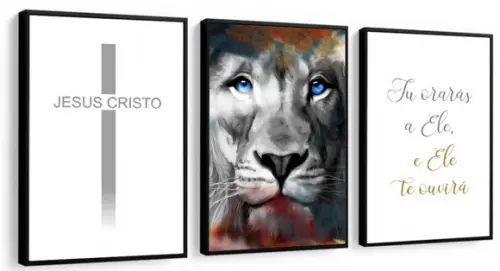 Kit 3 Quadros Decorativos Leão Da Tribo De Judá Com Moldura