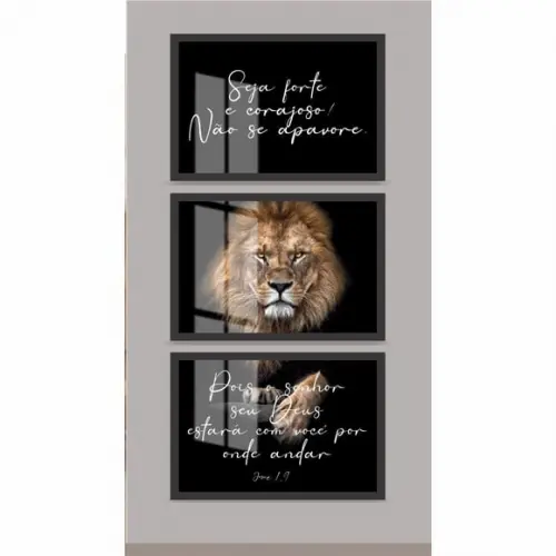 Kit 3 Quadros Decorativos Leão de Judá Frases Moldura Vidro