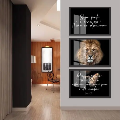 Kit 3 Quadros Decorativos Leão de Judá Frases Moldura Vidro