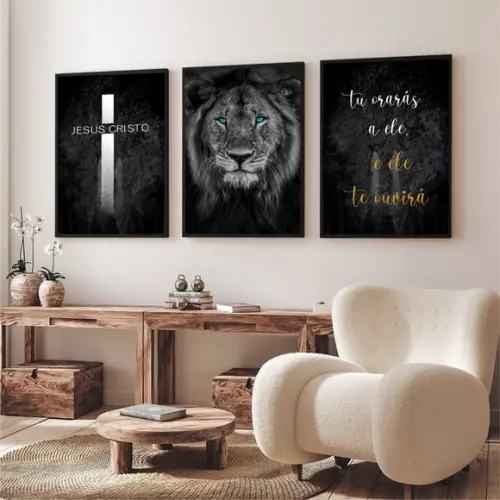 Kit 3 Quadros Decorativos Leão De Judá Jesus Cristo Moldura