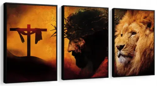 Kit 3 Quadros Decorativos Leão De Judá Jesus Cristo Molduras