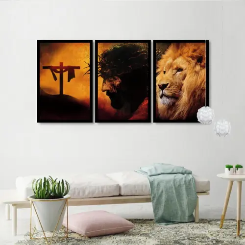 Kit 3 Quadros Decorativos Leão De Judá Jesus Cristo Molduras