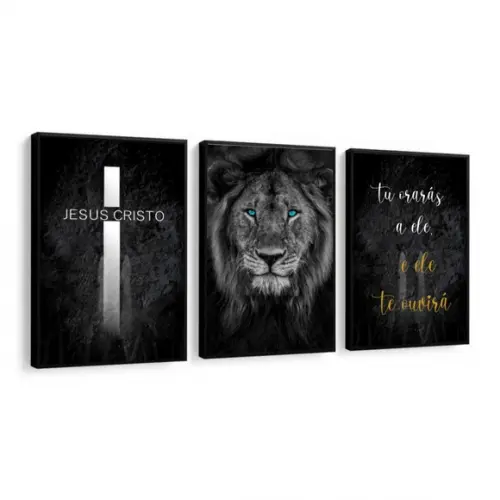 Kit 3 Quadros Decorativos Leão De Judá Jesus Cristo Moldura