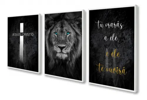 Kit 3 Quadros Decorativos Leão De Judá Jesus Oração Moldura