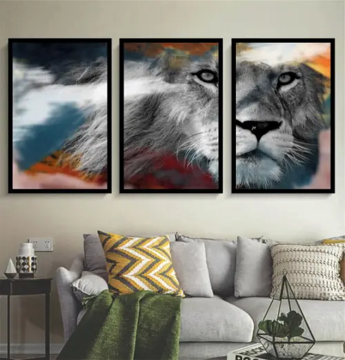 Kit 3 Quadros Decorativos Leão De Judá Moderno Com Moldura