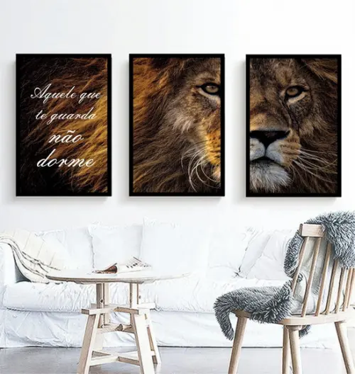 Kit 3 Quadros Decorativos Leão De Judá Oração Com Molduras