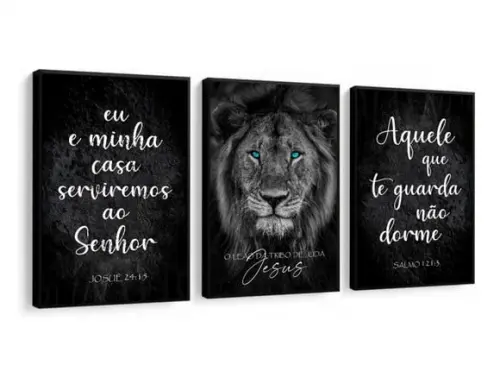 Kit 3 Quadros Decorativos Leão Moderno Oração Frases Moldura