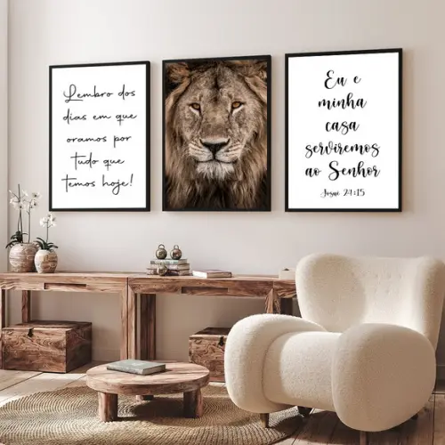 Kit 3 Quadros Decorativos Leão Frases Oração Salmos Moldura