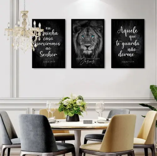 Kit 3 Quadros Decorativos Leão Moderno Oração Frases Moldura