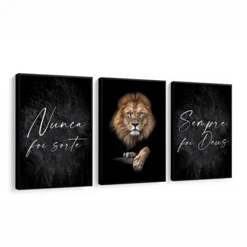 Kit 3 Quadros Decorativos Leão Nunca Foi Sorte com Moldura