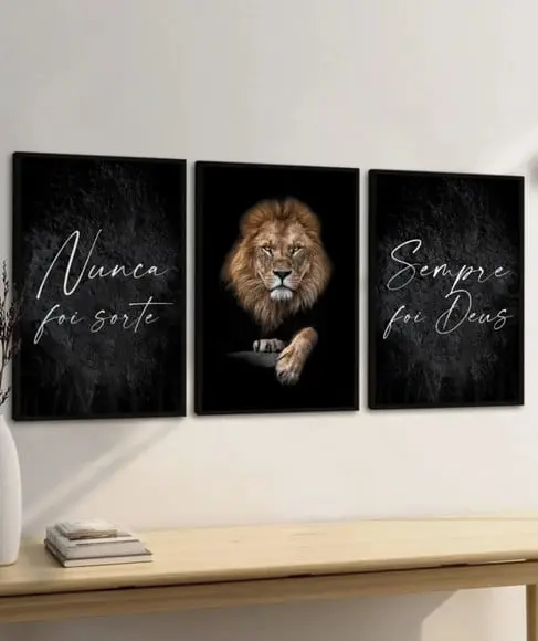 Kit 3 Quadros Decorativos Leão Nunca Foi Sorte com Moldura