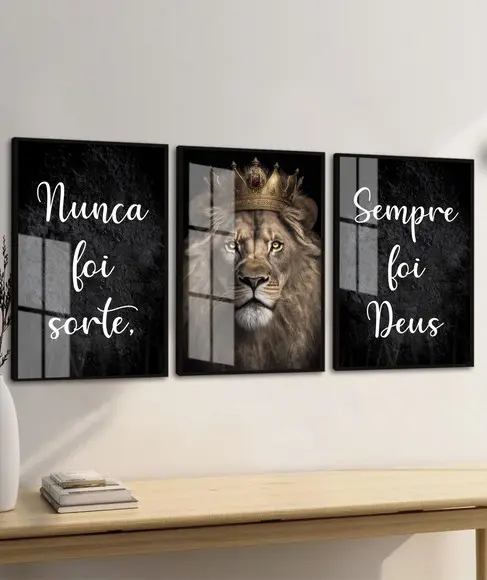 Kit 3 Quadros Decorativos Leão Nunca Foi Sorte Moldura Vidro