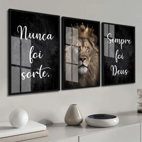 Kit 3 Quadros Decorativos Leão Nunca Foi Sorte Moldura Vidro