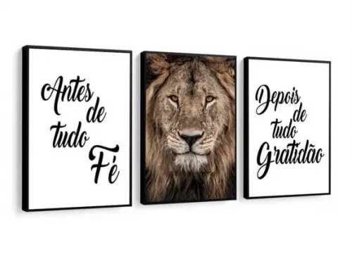 Kit 3 Quadros Decorativos Leão Oração Para Quarto Moldura