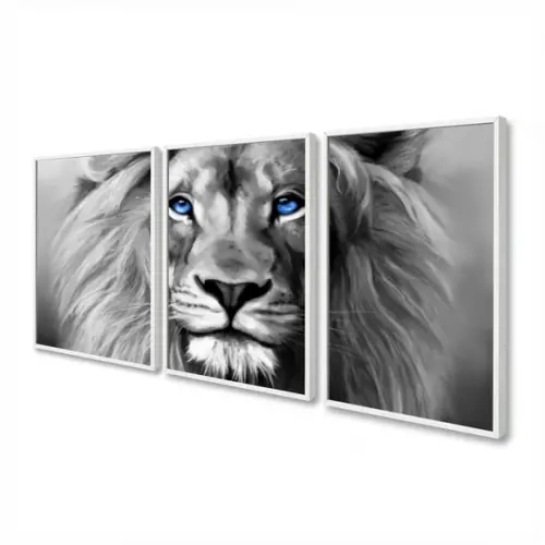 Kit 3 Quadros Decorativos Leão Preto e Branco Com Moldura