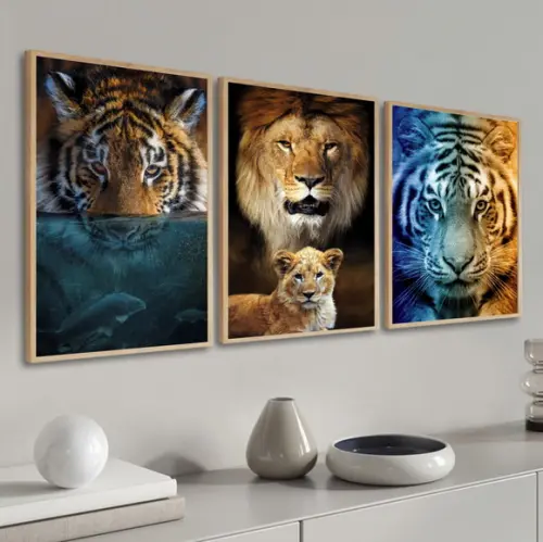 Kit 3 Quadros Decorativos Leão Tigre Animais Moderno Moldura