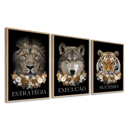 Kit 3 Quadros Decorativos Leão Tigre Lobo Frase Motivacional