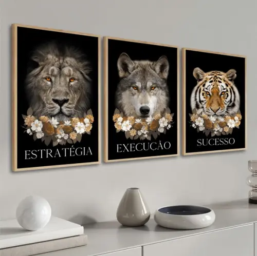 Kit 3 Quadros Decorativos Leão Tigre Lobo Frase Motivacional