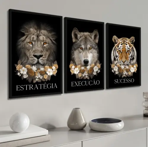 Kit 3 Quadros Decorativos Leão Tigre Lobo Frases Com Moldura