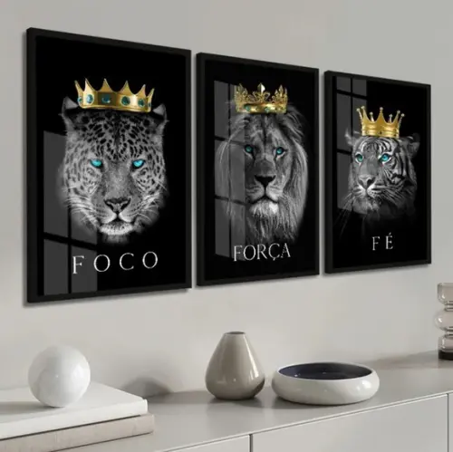 Kit 3 Quadros Decorativos Leão Tigre Onça Com Moldura Vidro