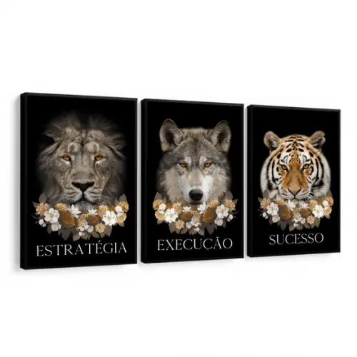 Kit 3 Quadros Decorativos Leão Tigre Lobo Frases Com Moldura