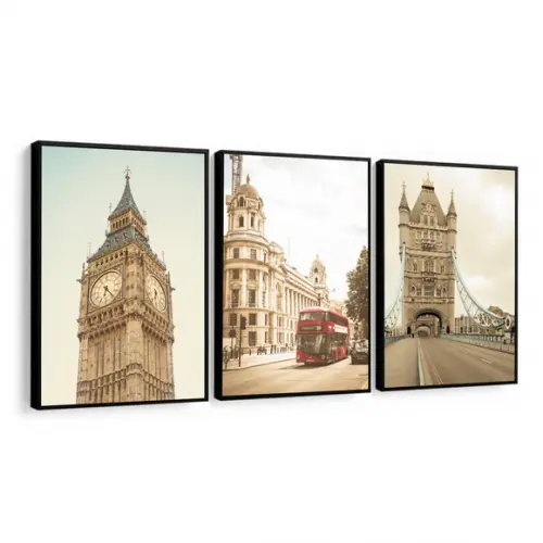 Kit 3 Quadros Decorativos Londres Big Ben Cidade com Moldura