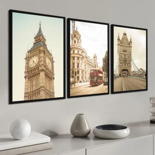 Kit 3 Quadros Decorativos Londres Big Ben Cidade com Moldura