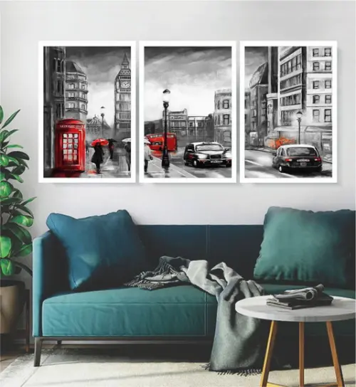 Kit 3 Quadros Decorativos Londres Cidade Para Sala Molduras