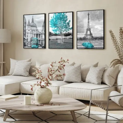 Kit 3 Quadros Decorativos Londres e Paris Arvore Azul Vidro