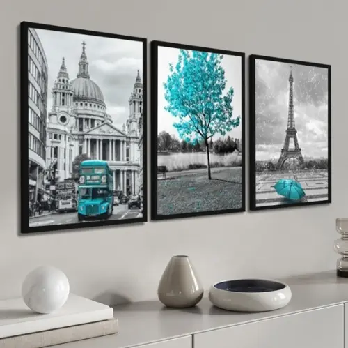Kit 3 Quadros Decorativos Londres e Paris Arvore Azul Vidro