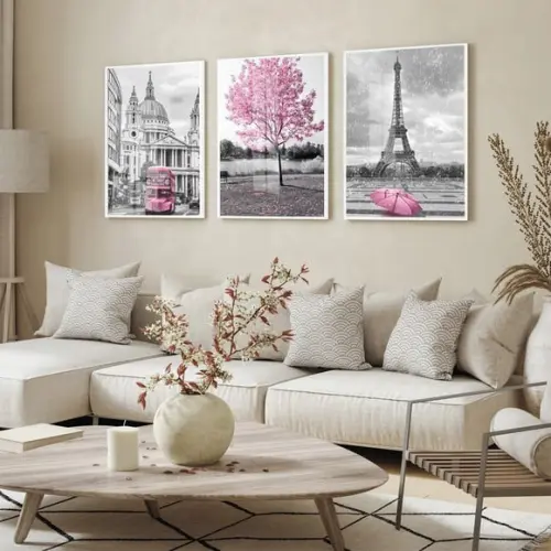 Kit 3 Quadros Decorativos Londres e Paris Arvore Rosa Vidro