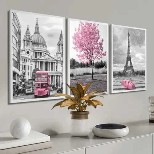 Kit 3 Quadros Decorativos Londres e Paris Rosa com Moldura
