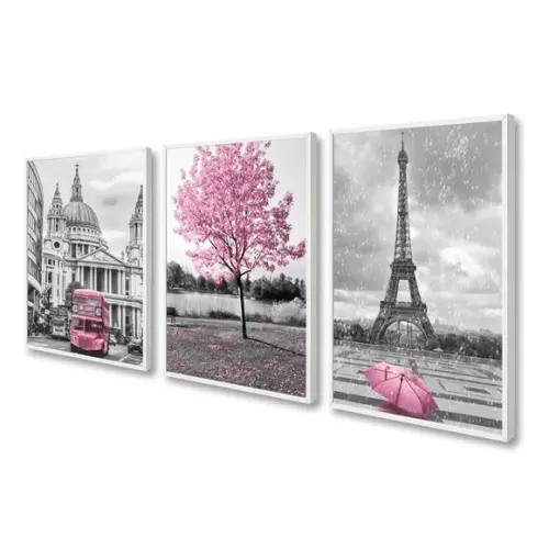Kit 3 Quadros Decorativos Londres e Paris Rosa com Moldura
