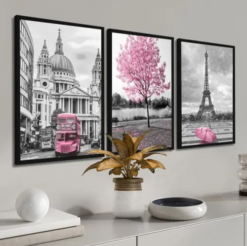 Kit 3 Quadros Decorativos Londres Paris Arvore Com Moldura