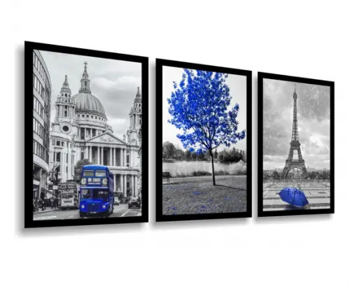 Kit 3 Quadros Decorativos Londres e Paris Tons Azul Molduras