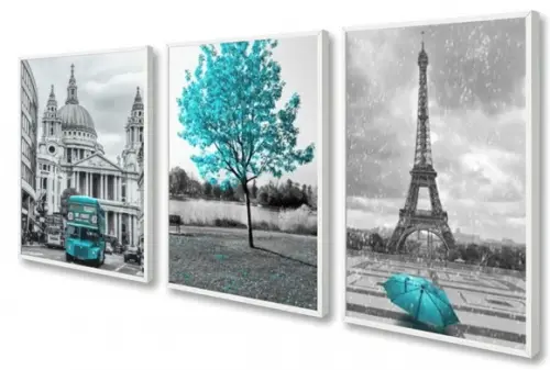 Kit 3 Quadros Decorativos Londres Paris Azul Cidades Moldura
