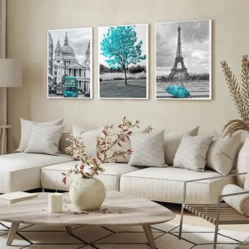 Kit 3 Quadros Decorativos Londres Paris Azul Cidades Moldura