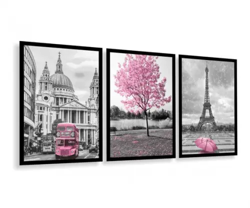 Kit 3 Quadros Decorativos Londres Paris Arvore Com Moldura