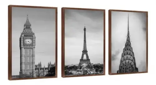 Kit 3 Quadros Decorativos Londres Paris e Nova York Moldura