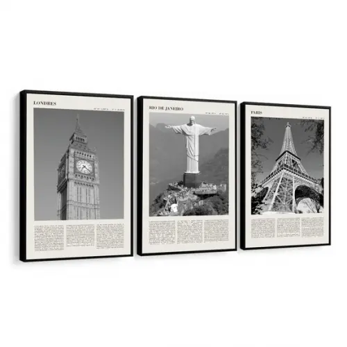 Kit 3 Quadros Decorativos Londres Rio E Paris Com Moldura