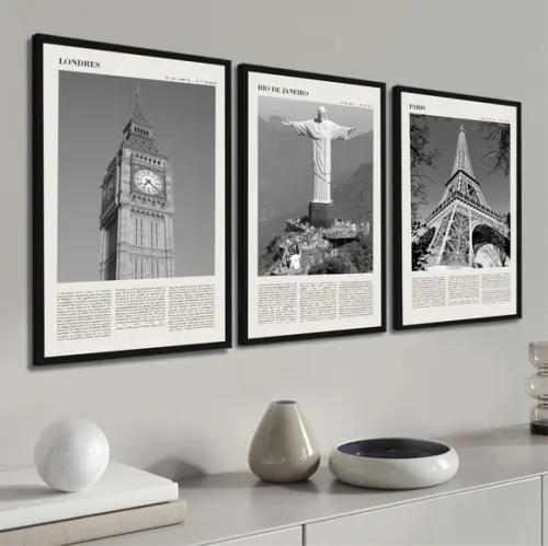 Kit 3 Quadros Decorativos Londres Rio E Paris Com Moldura