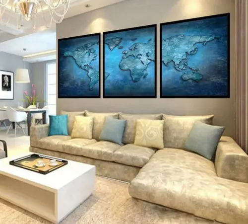 Kit 3 Quadros Decorativos Mapa Mundi Azul Conjunto Moldura