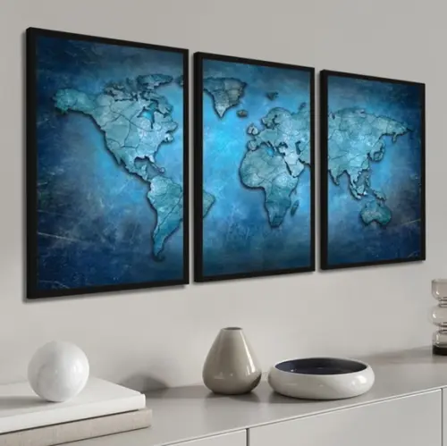 Kit 3 Quadros Decorativos Mapa Mundi Azul Sala Hall Vidro