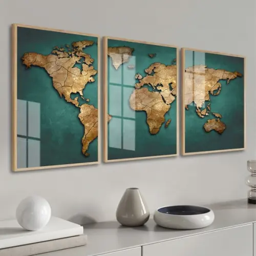 Kit 3 Quadros Decorativos Mapa Mundi Com Moldura E Vidro