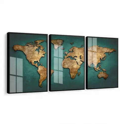 Kit 3 Quadros Decorativos Mapa Mundi Grande Moldura e Vidro