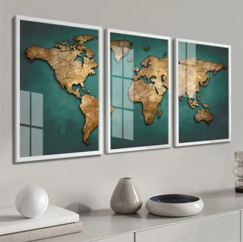 Kit 3 Quadros Decorativos Mapa Mundi Moderno Moldura E Vidro