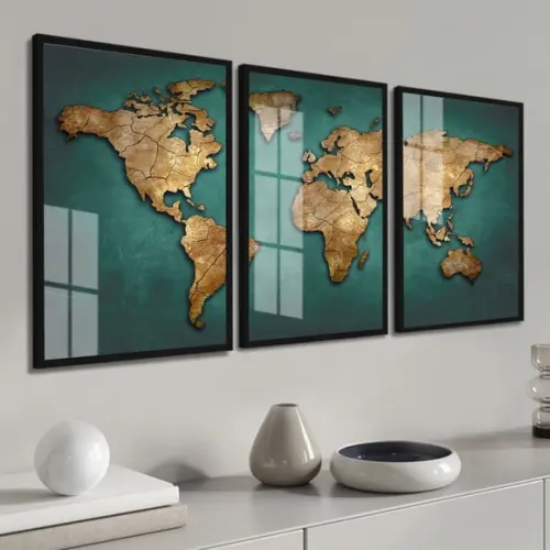 Kit 3 Quadros Decorativos Mapa Mundi Moderno Moldura E Vidro