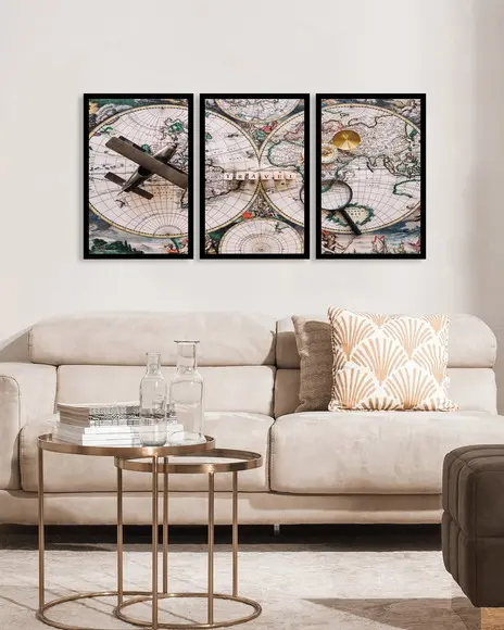 Kit 3 Quadros Decorativos Mapa Mundi Moderno Sala Moldura
