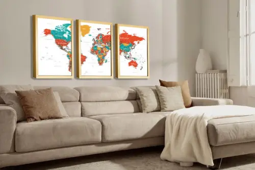 Kit 3 Quadros Decorativos Mapa Mundi Para Sala Casa Molduras