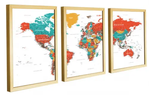 Kit 3 Quadros Decorativos Mapa Mundi Para Sala Casa Molduras